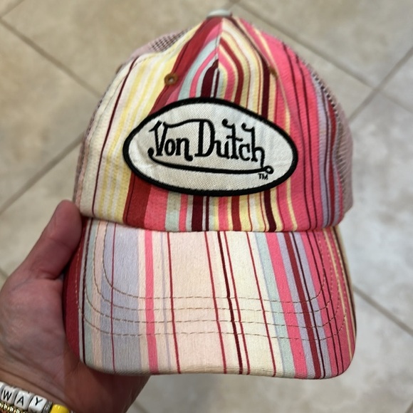Vintage Y2K Pink Striped Von Dutch Patch Trucker Hat - Picture 2 of 7